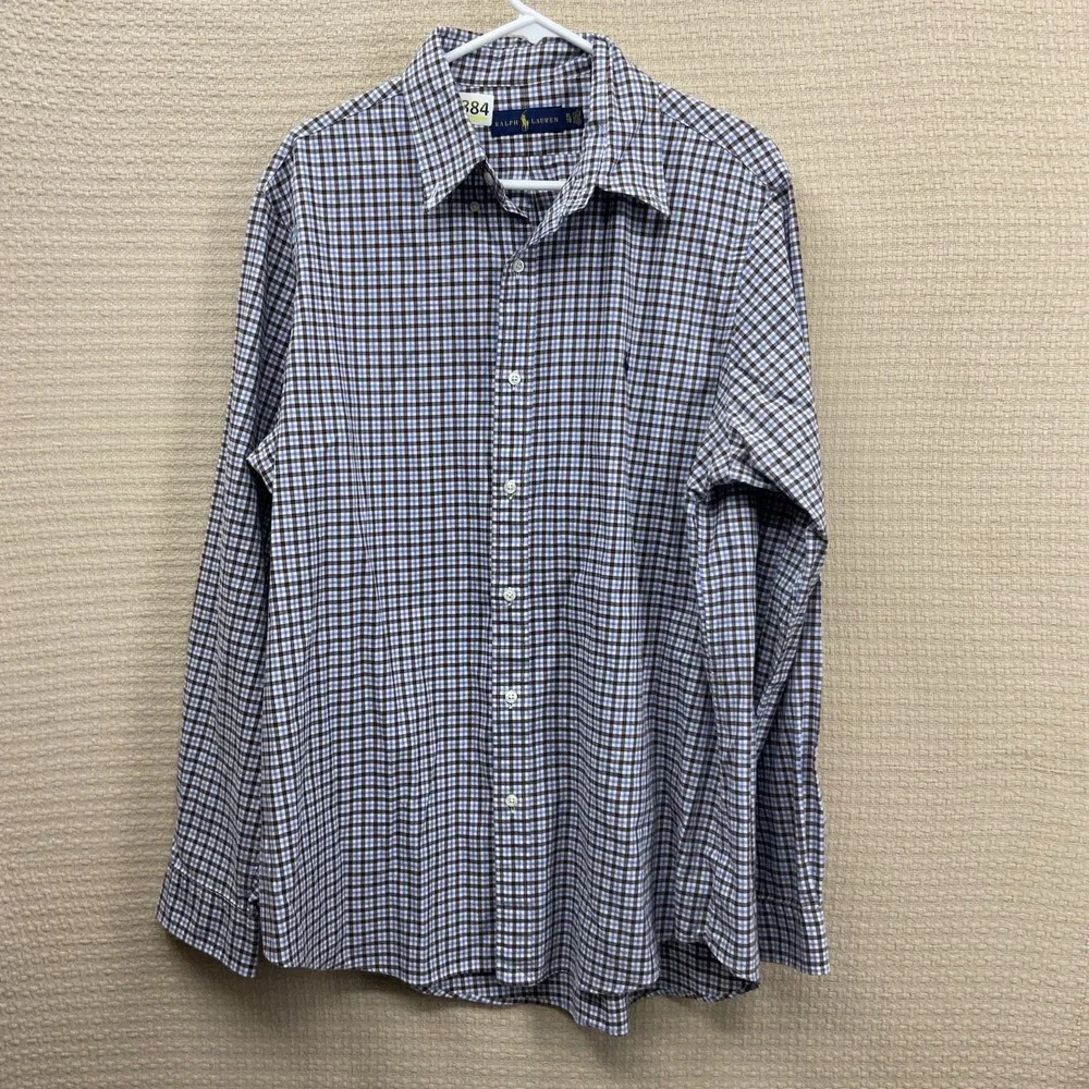 Polo Ralph Lauren Shirt Mens XL Long Sleeve Button‎ Up Blue Brown Check MINT